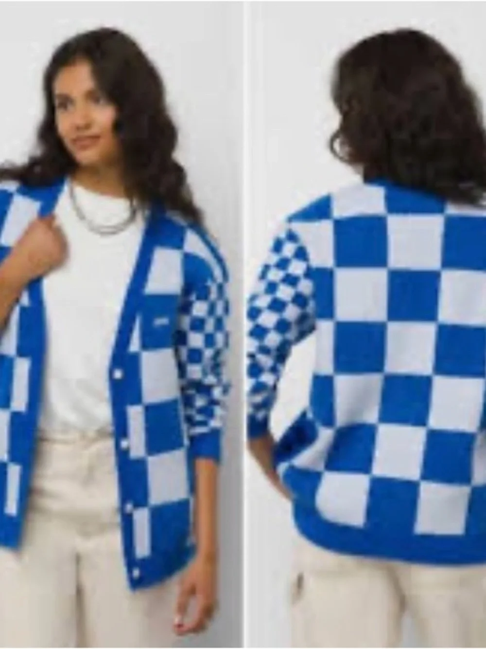 Vans Blue and White Checkerboard Cardigan Sweater with pockets size Large